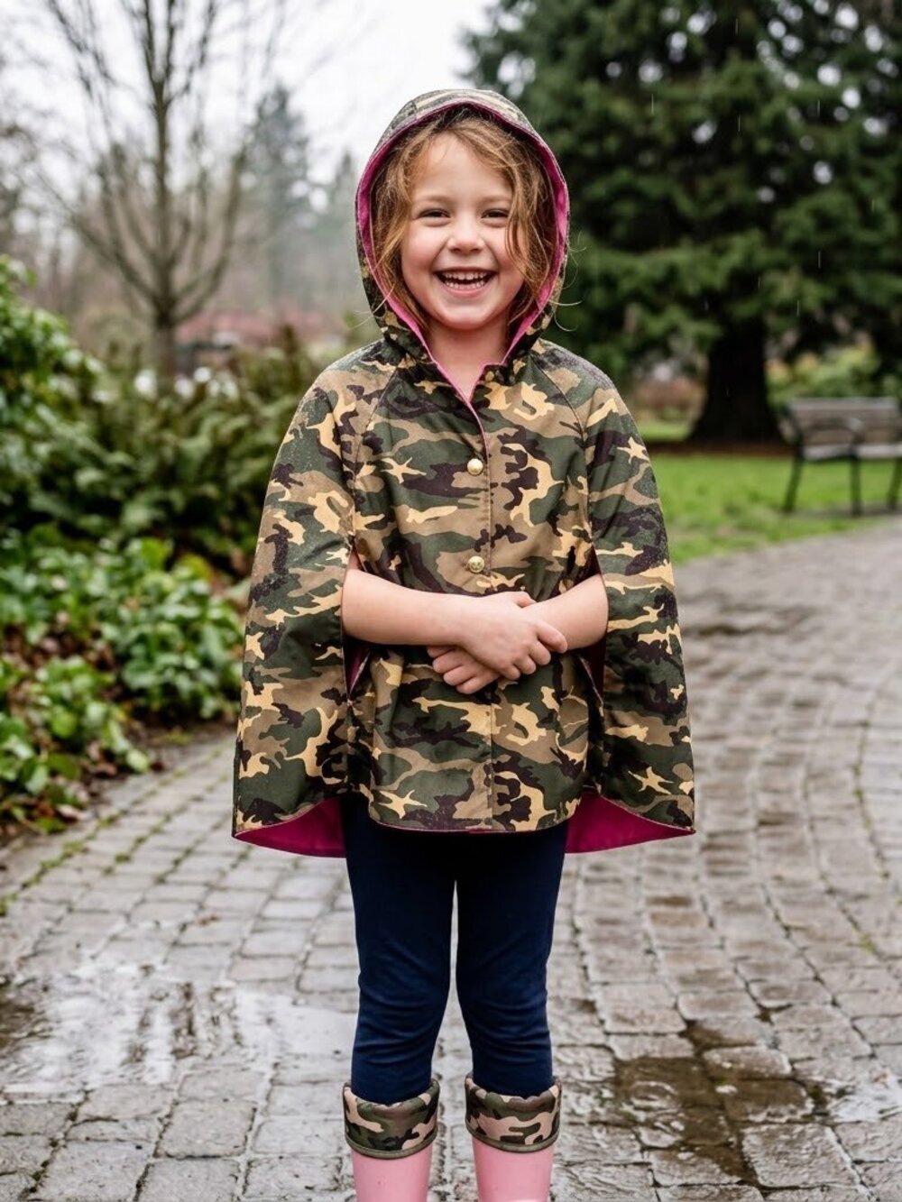 KOKKA JOJO Girls Camo Rain Cape - Pink Lining - Size 8 - Like New